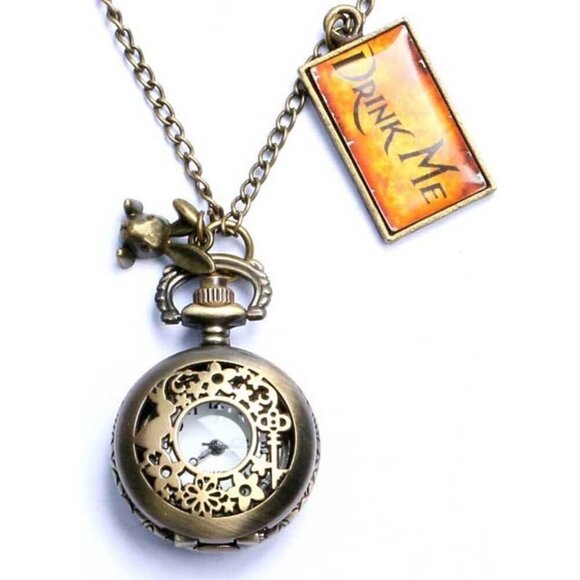 Vintage Drink Me Pocket Watch Necklace Quartz Alice in Wonderland Gift main image 5